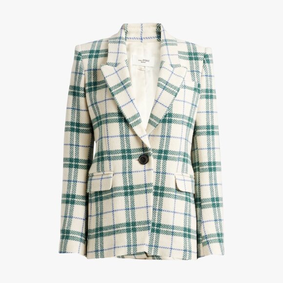 (LIKE NEW) ISABEL MARANT | 100% WOOL "CHARLY" GREEN BLUE CREAM PLAID BLAZER - Picture 1 of 5